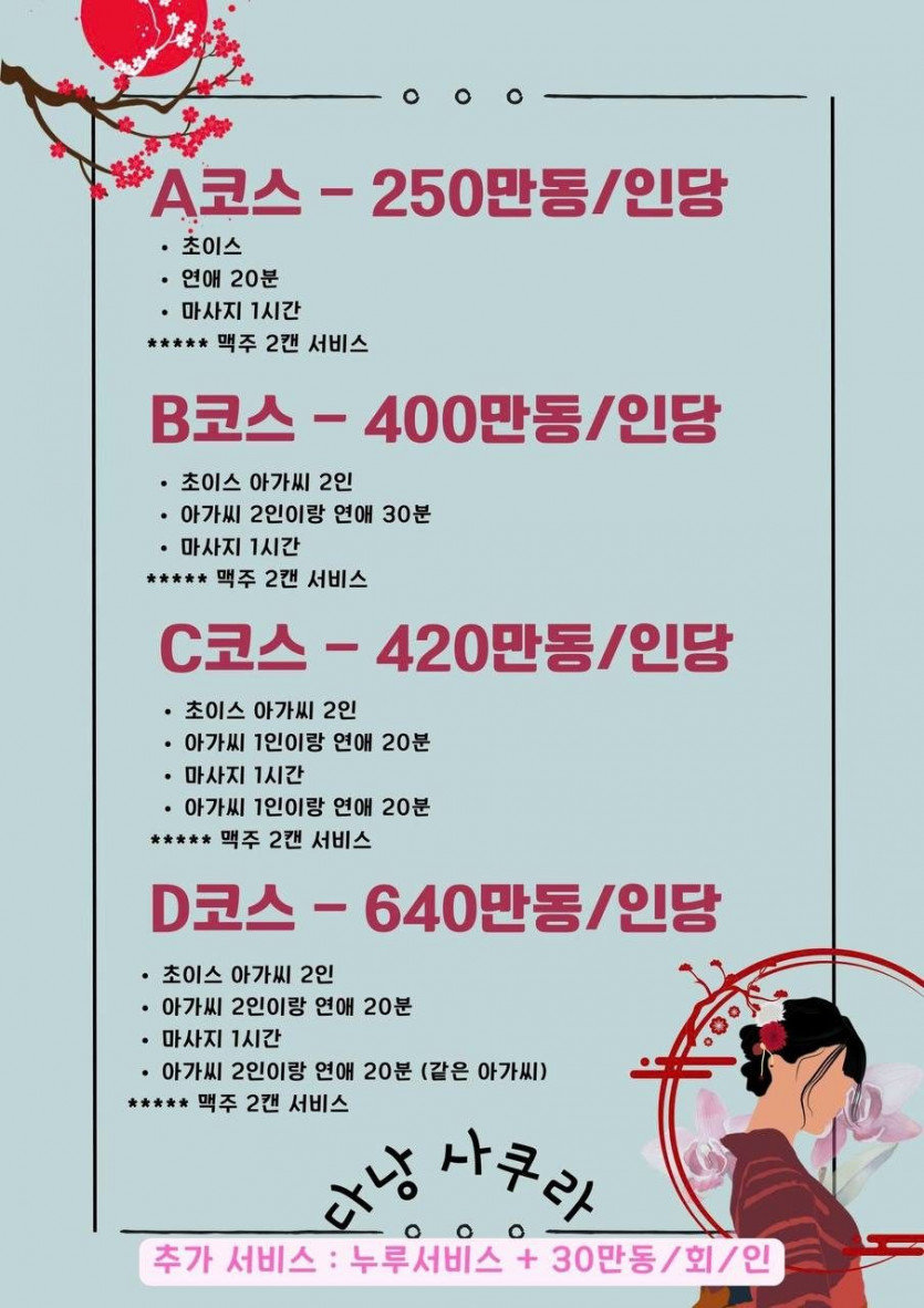 다낭 뉴 사쿠라 마사지 코스별 가격표